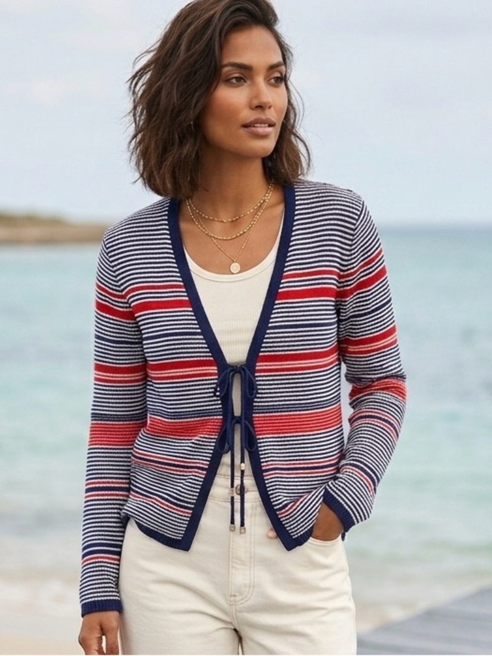 Vintage Patriotic 4th of July Cardigan Striped Nautical Memorial Day Tie Front S - Picture 1 of 15